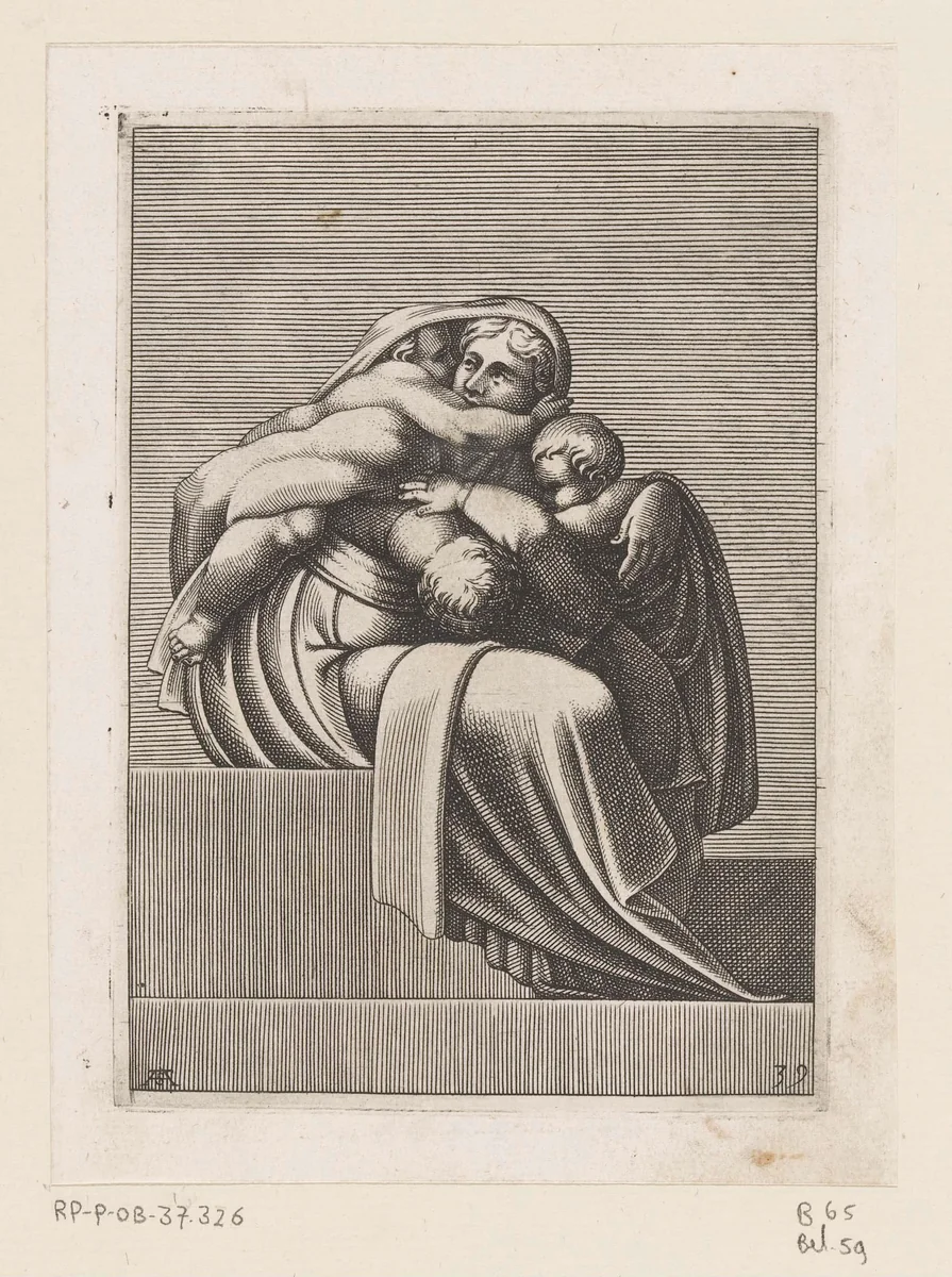 Zittende vrouw met drie kinderen by Unknown, print, 1585