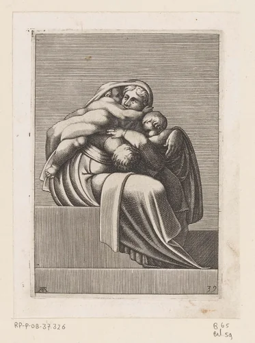 Zittende vrouw met drie kinderen by Unknown, print, 1585