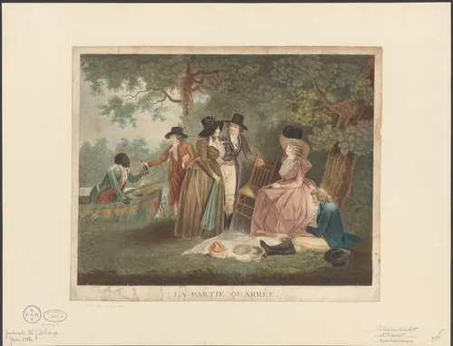 Gezelschap gaat picknicken by anonymous, print, 1700-1799