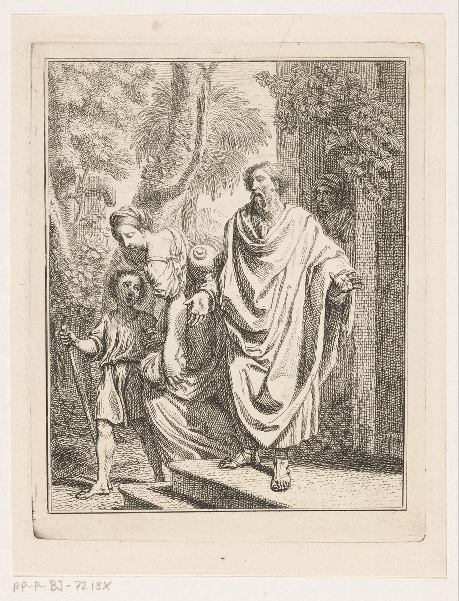 Abraham verdrijft Hagar en Ismaël by Louis Fabritius Dubourg, print, 1713-1775