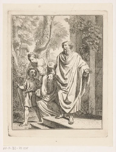 Abraham verdrijft Hagar en Ismaël by Louis Fabritius Dubourg, print, 1713-1775