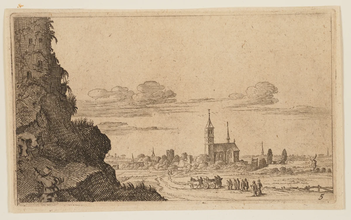 Two Men Climbing Rocks up to Ruins, from Twelve Landscapes by Gillis van Scheyndel, print, 1605-1650