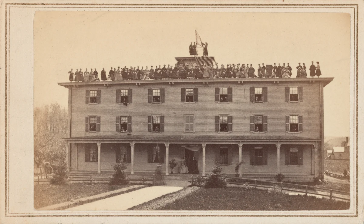Flag Raising, Girls School, Lawrence, Massachusetts by Yeaw & Co, photograph, 1860-1869
