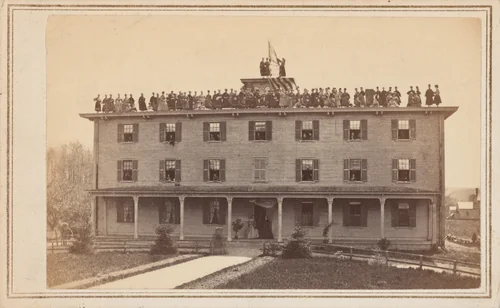 Flag Raising, Girls School, Lawrence, Massachusetts by Yeaw & Co, photograph, 1860-1869