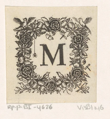 Letter M in een omlijsting van bloemen, insecten en vogels by Dirck de Bray, print, 1635-1694