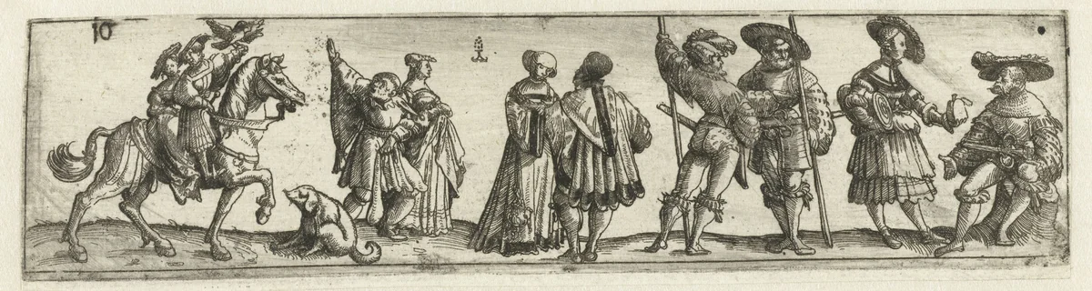 Fries met mannen, vrouwen en soldaten by Unknown, print, 1531