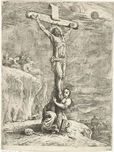 Christus aan het kruis, Maria Magdalena omhelst het kruis by Louis de Deyster, print, 1666-1711