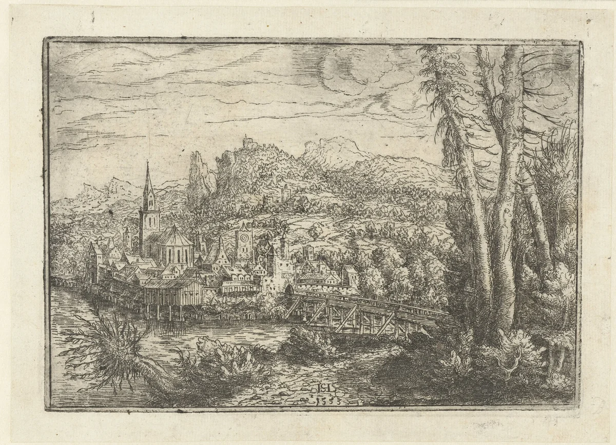 Landschap met stad aan rivier en houten brug by Unknown, print, 1553
