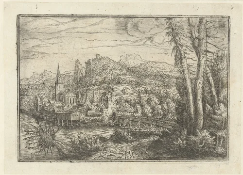 Landschap met stad aan rivier en houten brug by Unknown, print, 1553