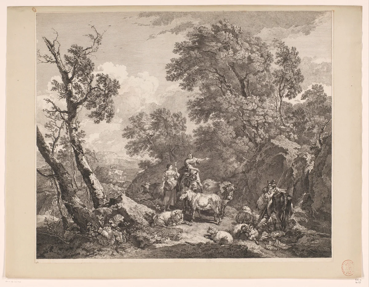 Landschap met twee herderinnen, een herder en hun kudde by Pierre Alexandre Aveline, print, 1734