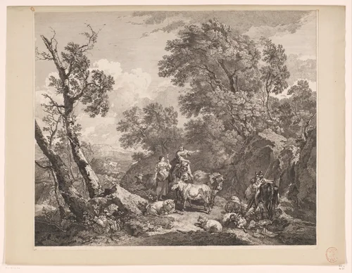 Landschap met twee herderinnen, een herder en hun kudde by Pierre Alexandre Aveline, print, 1734