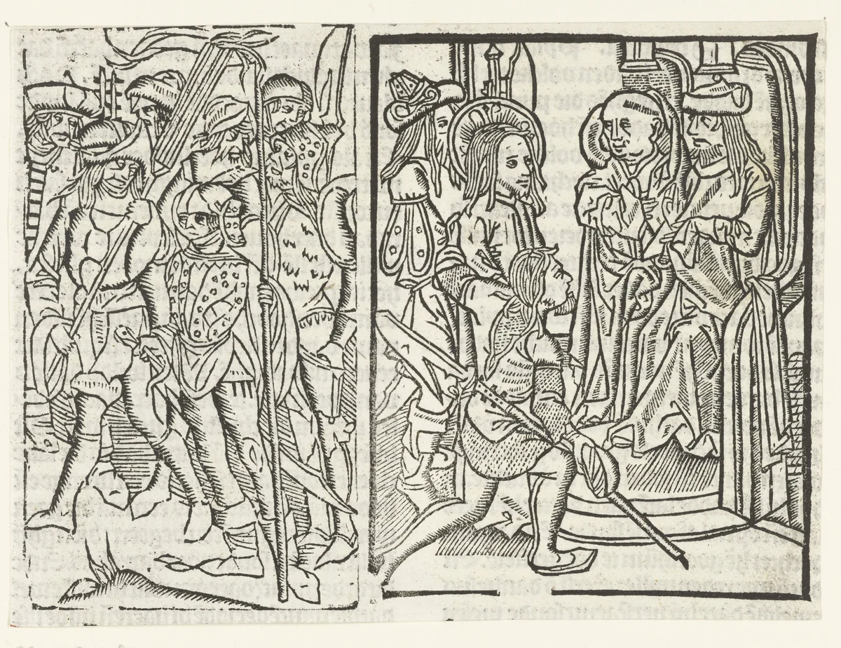 Christus voor Kajafas by Unknown, print, 1480-1500
