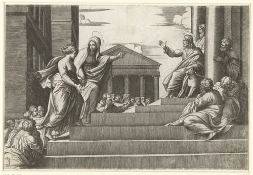 Marta leidt Maria Magdalena naar Christus by Unknown, print, 1520-1525