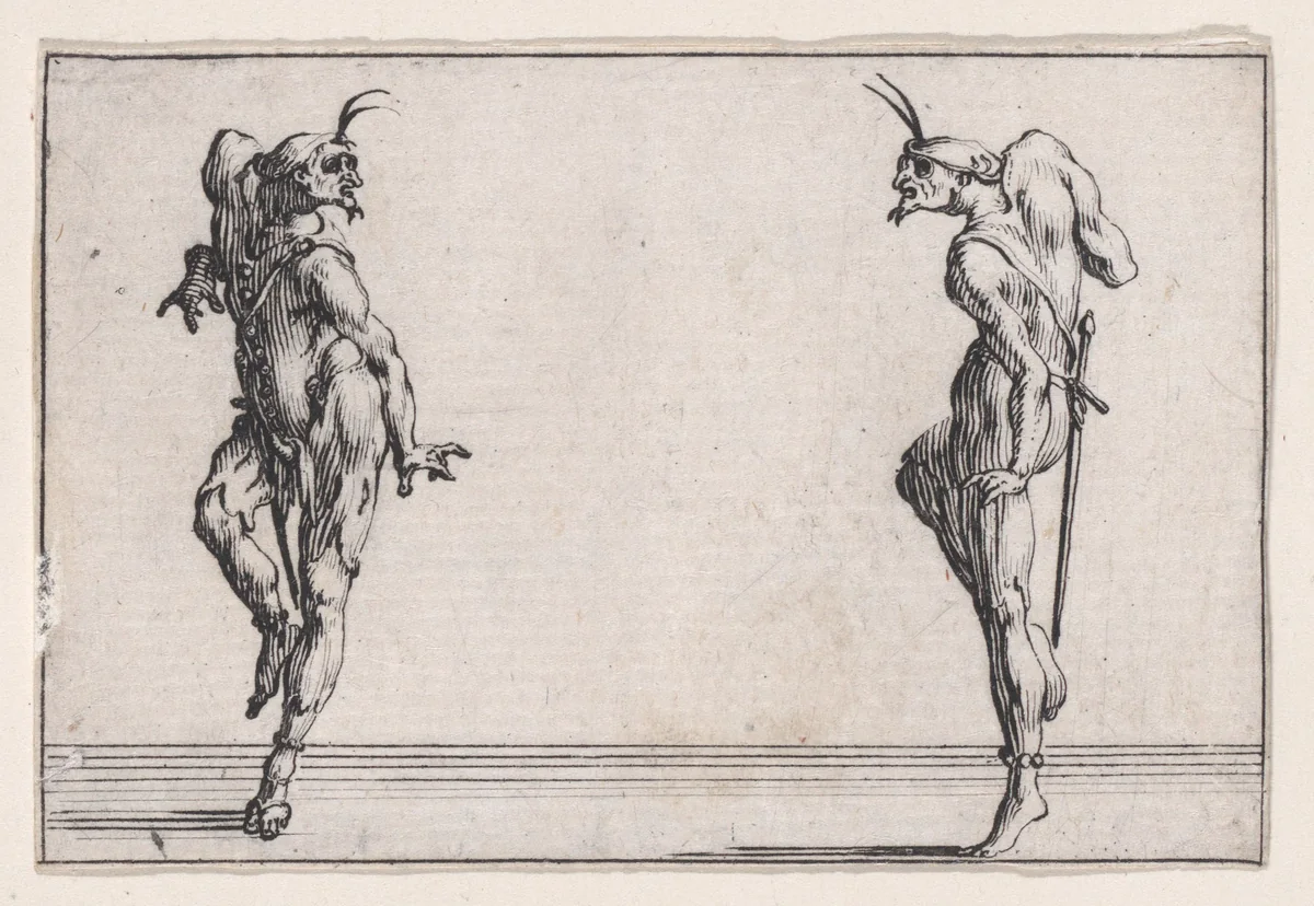 Les Deux Pantalons se Regardant (Men in Pantsuits Looking at Each Other), from "Les Caprices" Series A, The Florence Set by Jacques Callot, print, 1617