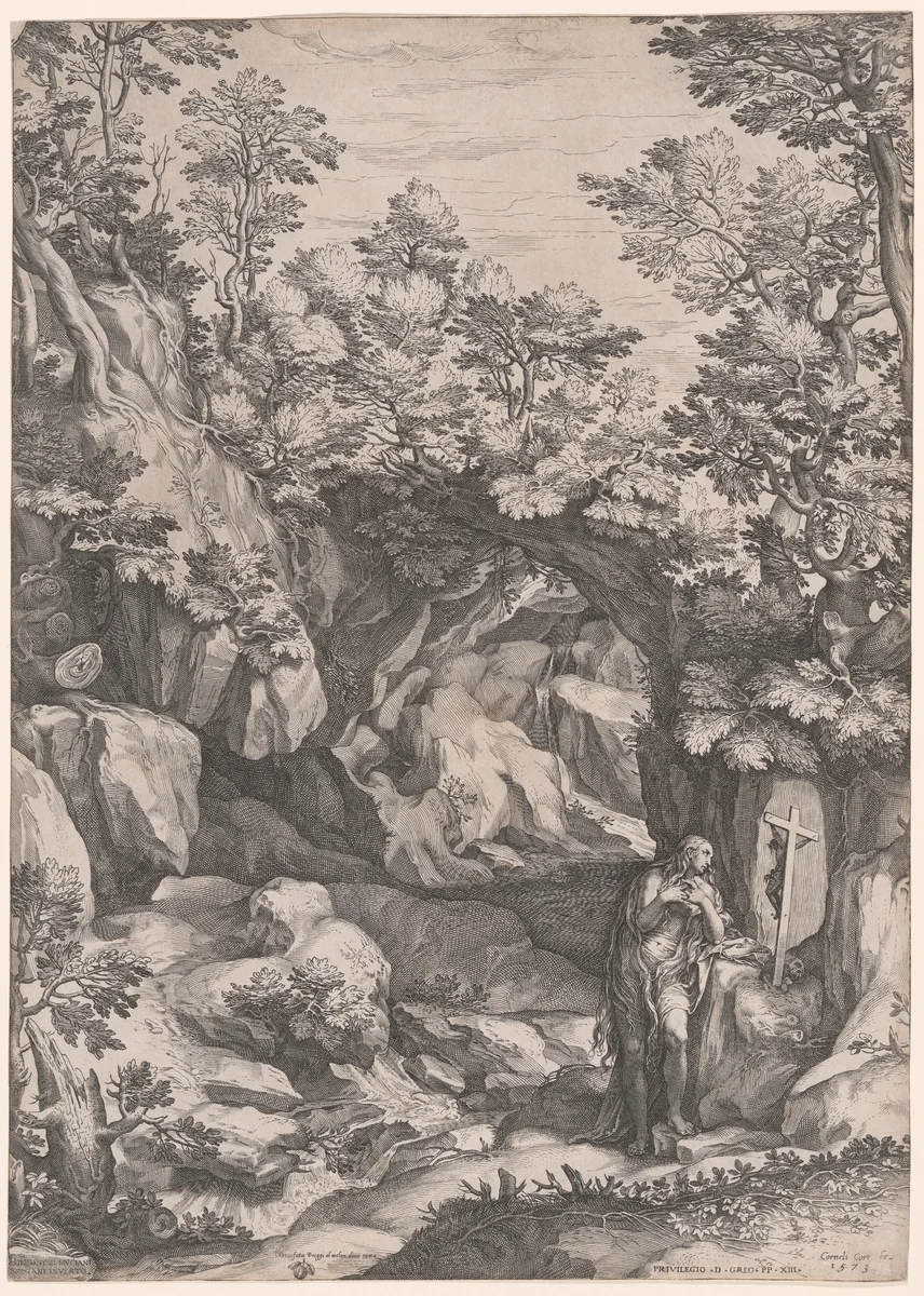 Landscape with a Penitent Magdalene by Cornelis Cort, print, 1573