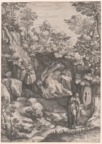 Landscape with a Penitent Magdalene by Cornelis Cort, print, 1573
