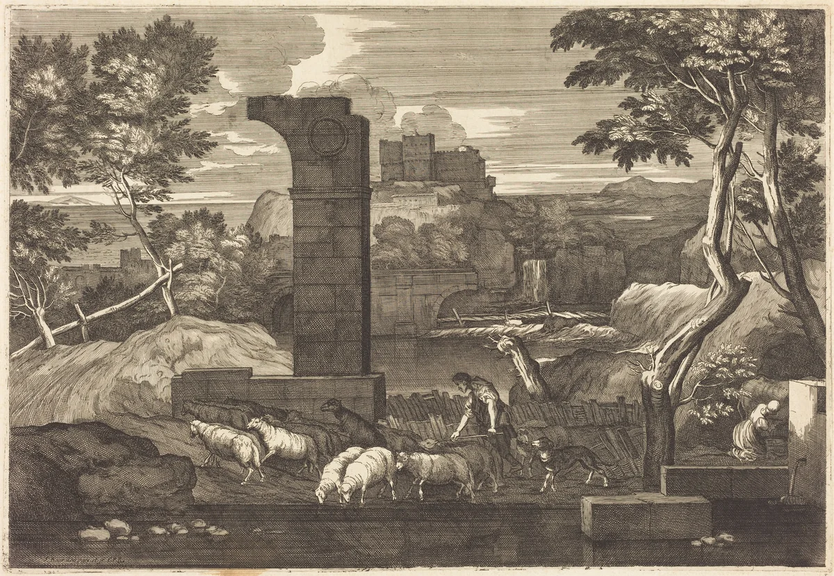 Landscape with Peasant and his Herd by Sébastien Bourdon, print, 1616-1671