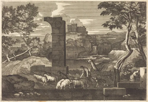 Landscape with Peasant and his Herd by Sébastien Bourdon, print, 1616-1671