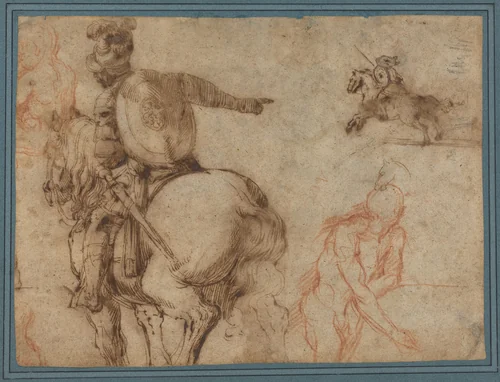 A Soldier on Horseback and Other Studies by Antonio Tempesta, drawing, 1555-1630