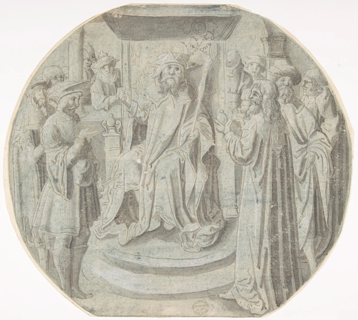 King Ahasuerus in Council by Pseudo-Aert Ortkens, drawing, 1500-1540