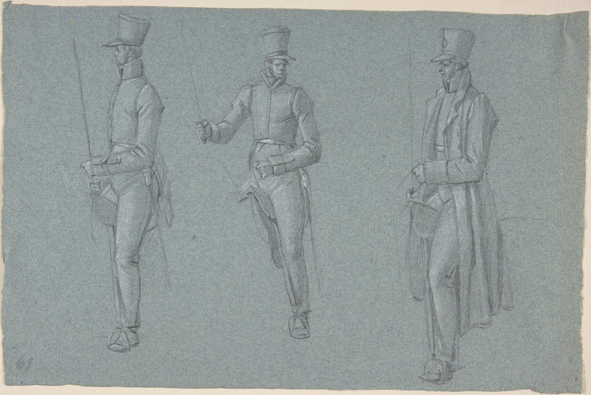Three studies on a man on a saddle by Wilhelm von Kobell, drawing, 1766-1853