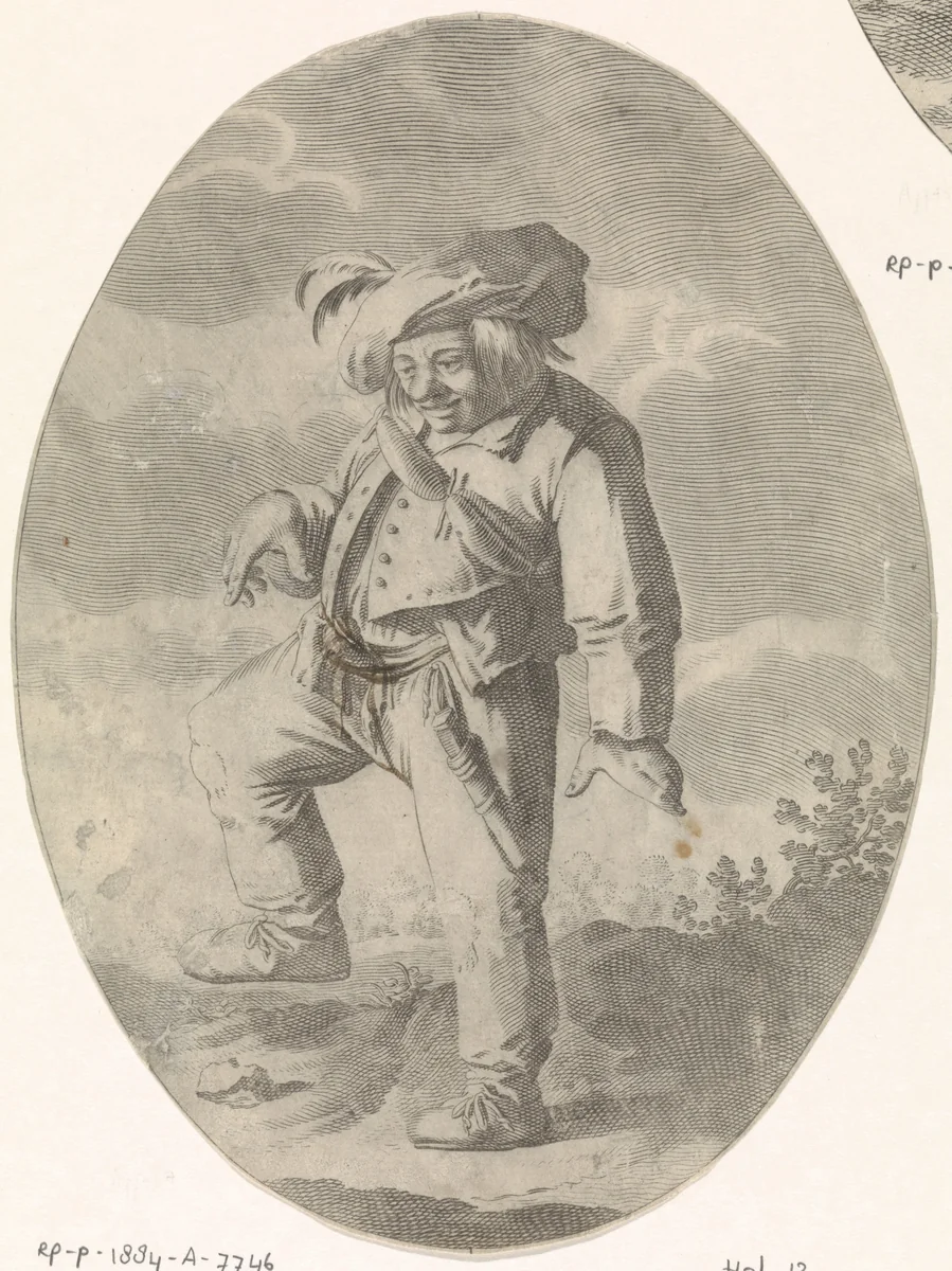 Dansende boer, omhangen met een rij worsten by Nicolaes van Lijnhoven, print, 1622-1702