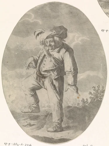 Dansende boer, omhangen met een rij worsten by Nicolaes van Lijnhoven, print, 1622-1702