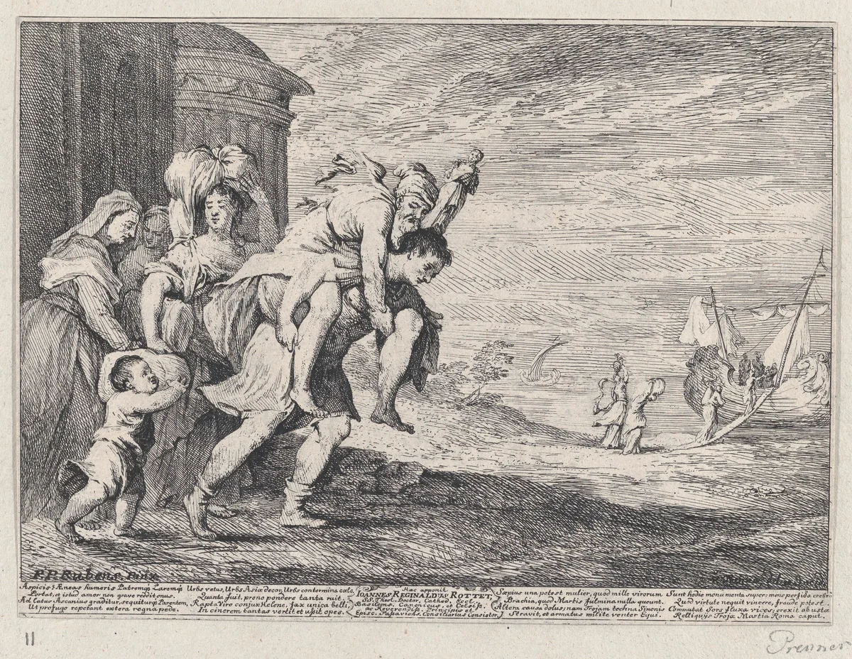 Aeneas fleeing Troy, with a group of six figures leaving the city at left, Aeneas carrying his father Anchises on his back, followed by his wife Creusa and his son Ascanius, two servants at far left by Anton Joseph von Prenner, print, 1728