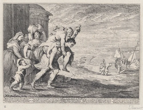 Aeneas fleeing Troy, with a group of six figures leaving the city at left, Aeneas carrying his father Anchises on his back, followed by his wife Creusa and his son Ascanius, two servants at far left by Anton Joseph von Prenner, print, 1728