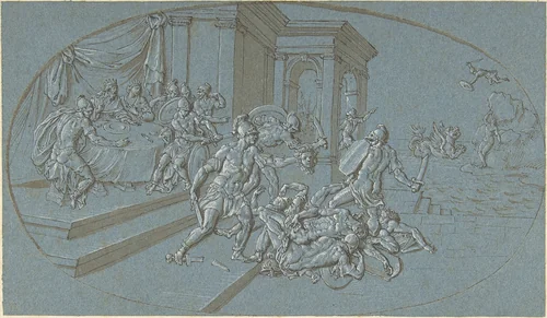 Fight Between Perseus And Phineus in the Palace of Cephus by Bernard Picart, drawing, 1693-1733