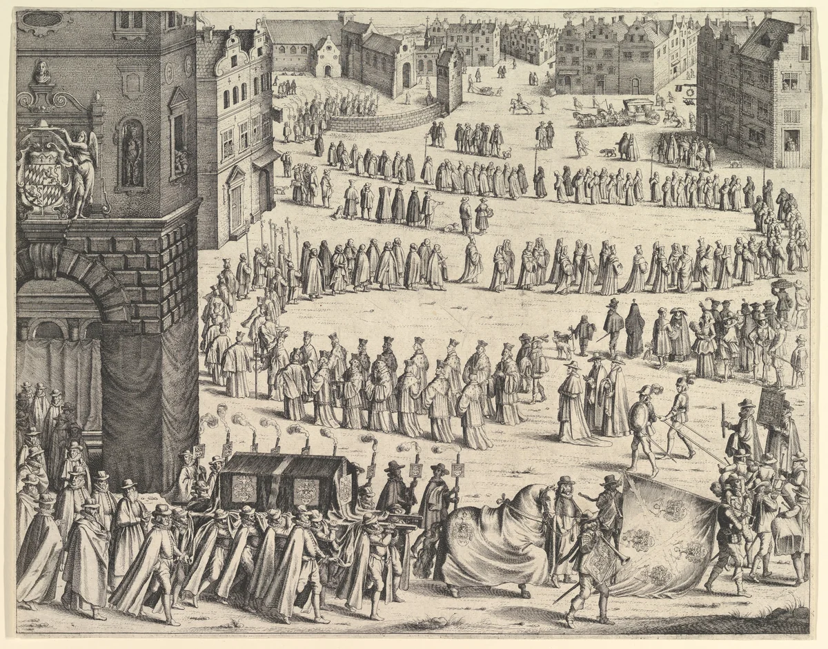 Funeral of General Johan Baptiste von Taxis (from Jules Chifflet, "Les marques d'honneur de la Maison de Tassis," Antwerp, 1645) by Wenceslaus Hollar, print, 1645