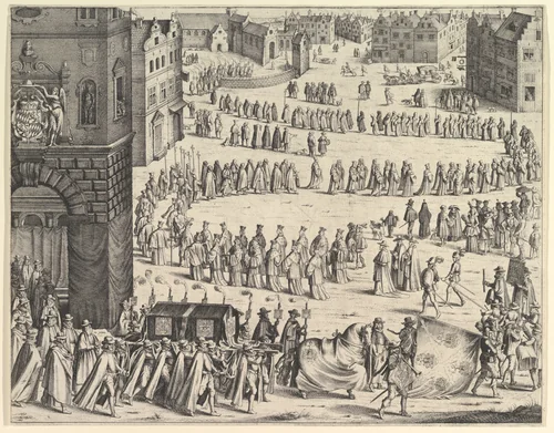 Funeral of General Johan Baptiste von Taxis (from Jules Chifflet, "Les marques d'honneur de la Maison de Tassis," Antwerp, 1645) by Wenceslaus Hollar, print, 1645