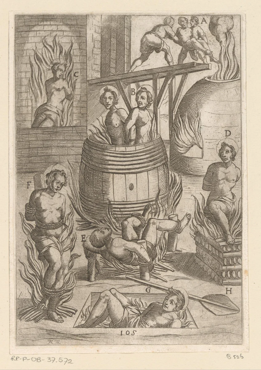Foltering met verschillende manieren van verbranden by Unknown, print, 1565-1630