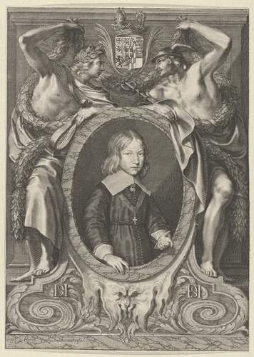 Portrait of a Young Boy with the Arms of Savoy by Grégoire Huret, print, 1720-1760