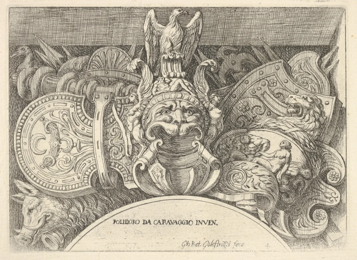 Plate 4: trophies of Roman arms from decorations above the windows on the second floor of the Palazzo Milesi in Rome by Giovanni Battista Galestruzzi, print, 1656-1658
