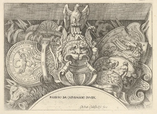 Plate 4: trophies of Roman arms from decorations above the windows on the second floor of the Palazzo Milesi in Rome by Giovanni Battista Galestruzzi, print, 1656-1658