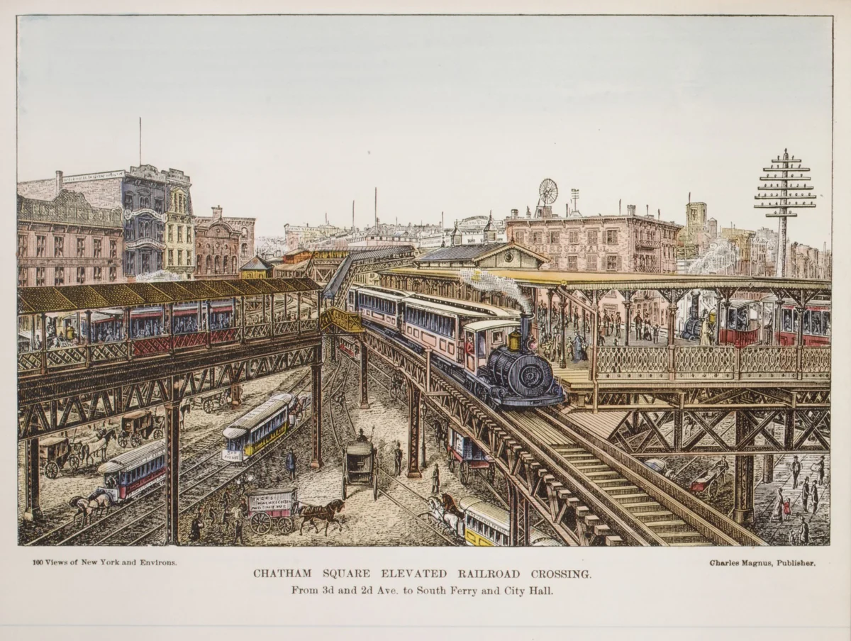 Chatham Square Elevated Railroad Crossing by Charles Magnus & Company, print, 1850-1900