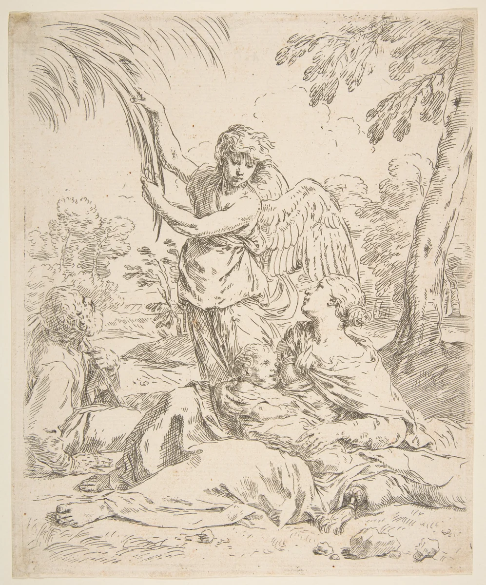 Repose in Egypt, Mary nursing the infant Christ while an angel pulls at tree branches by Simone Cantarini, print, 1634-1644