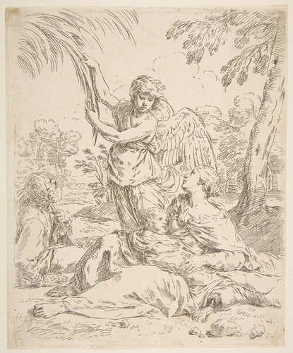 Repose in Egypt, Mary nursing the infant Christ while an angel pulls at tree branches by Simone Cantarini, print, 1634-1644