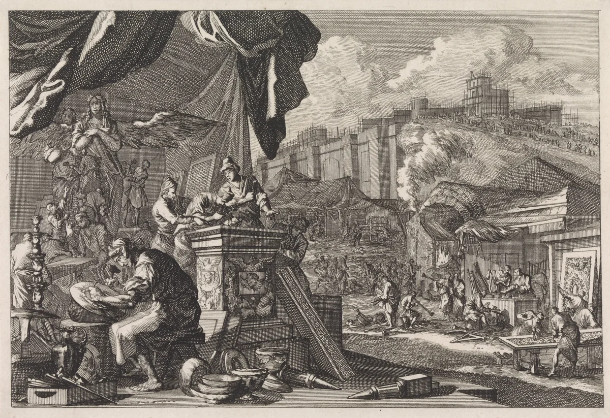 Constructie van het gouden altaar voor de tempel van Salomo by Jan Luyken, print, 1700
