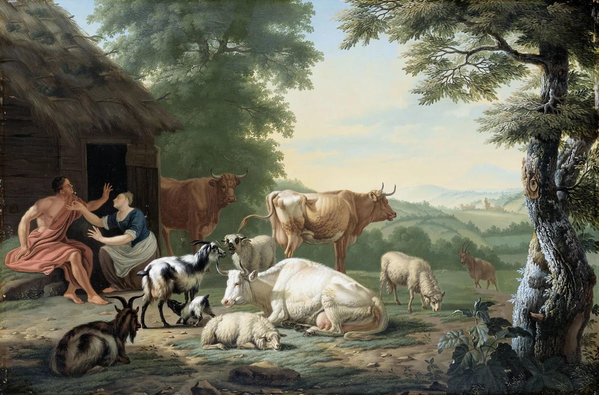 Arcadian Landscape with Shepherds and Cattle by Jan van Gool, painting, 1710-1763