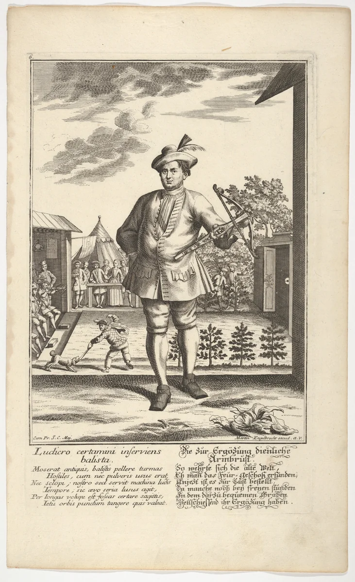 Man Holding a Crossbow by Martin Engelbrecht, print, 1710-1756