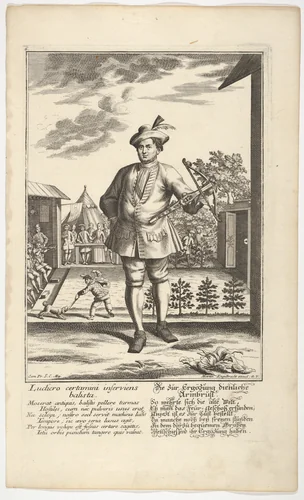 Man Holding a Crossbow by Martin Engelbrecht, print, 1710-1756