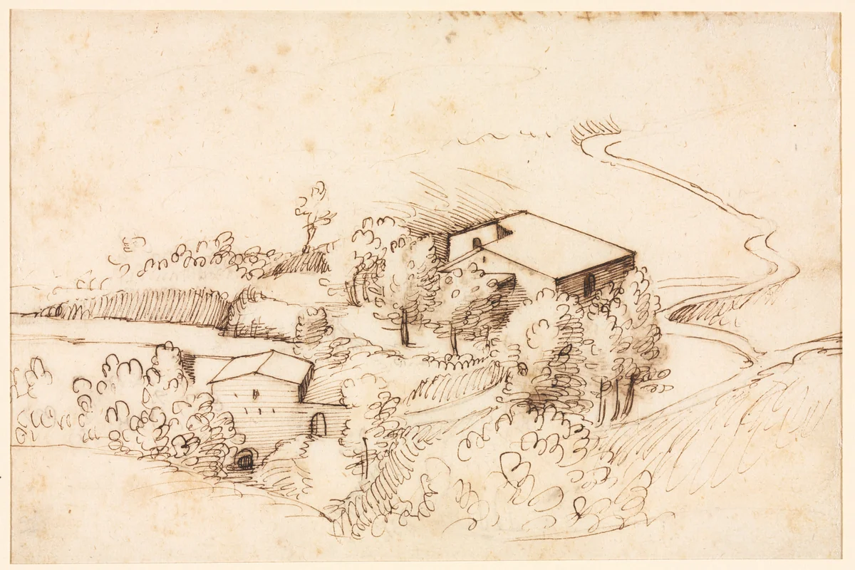 Farm with Trees in a Hilly Landscape (verso) by Gherardo Cibo, drawing, 1567