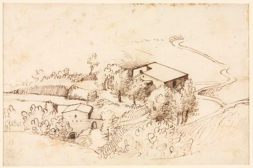 Farm with Trees in a Hilly Landscape (verso) by Gherardo Cibo, drawing, 1567