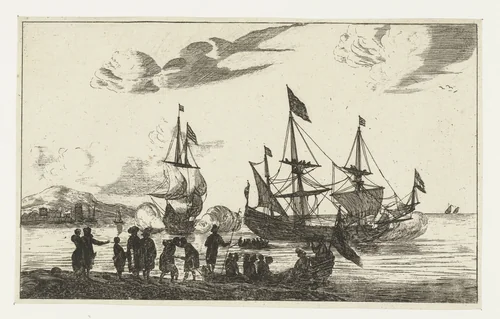 Havenscène met een spiegelsloep by anonymous, print, 1656-1714