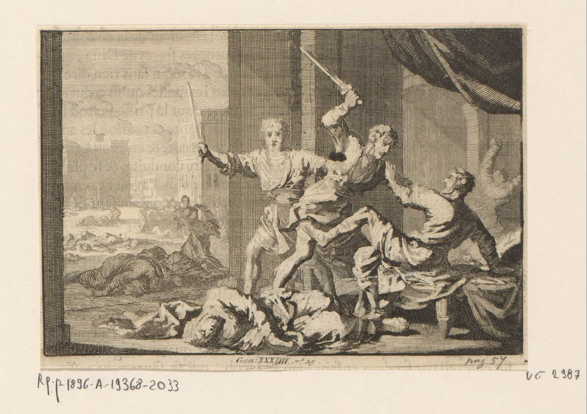 Simeon en Levi doden de Sichemieten by Jan Luyken, print, 1703-1762
