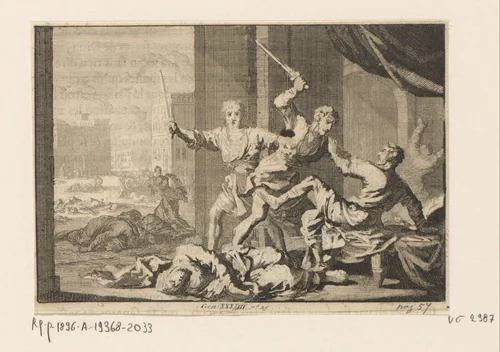 Simeon en Levi doden de Sichemieten by Jan Luyken, print, 1703-1762