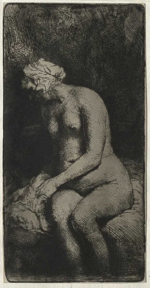 Woman Bathing Her Feet in a Brook by Rembrandt van Rijn, print, 1658