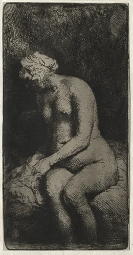Woman Bathing Her Feet in a Brook by Rembrandt van Rijn, print, 1658
